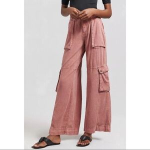 Anthropologie Pilcro Beach Cargo Pants Coral Wide Leg Linen Blend Size 28